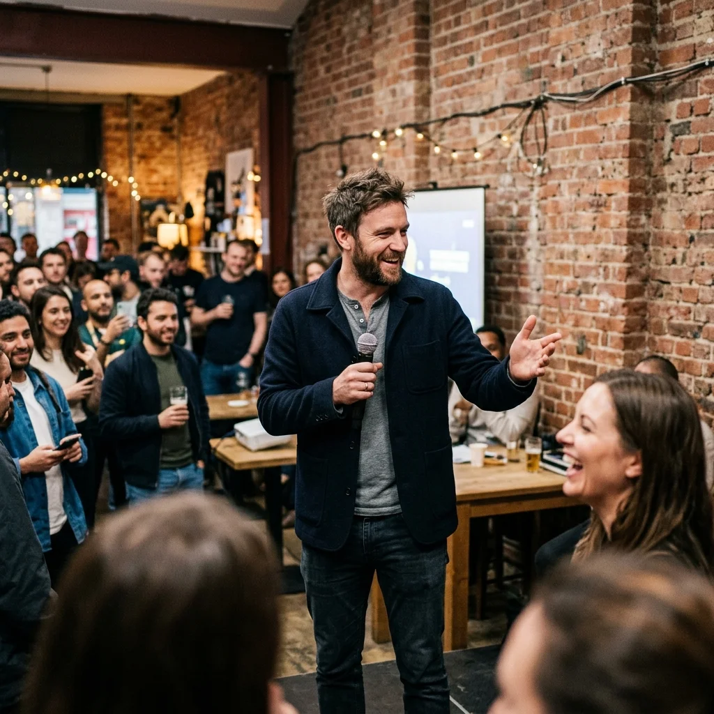 Automators at a local meetup, one speaking to a relaxed crowd in a brick-walled space