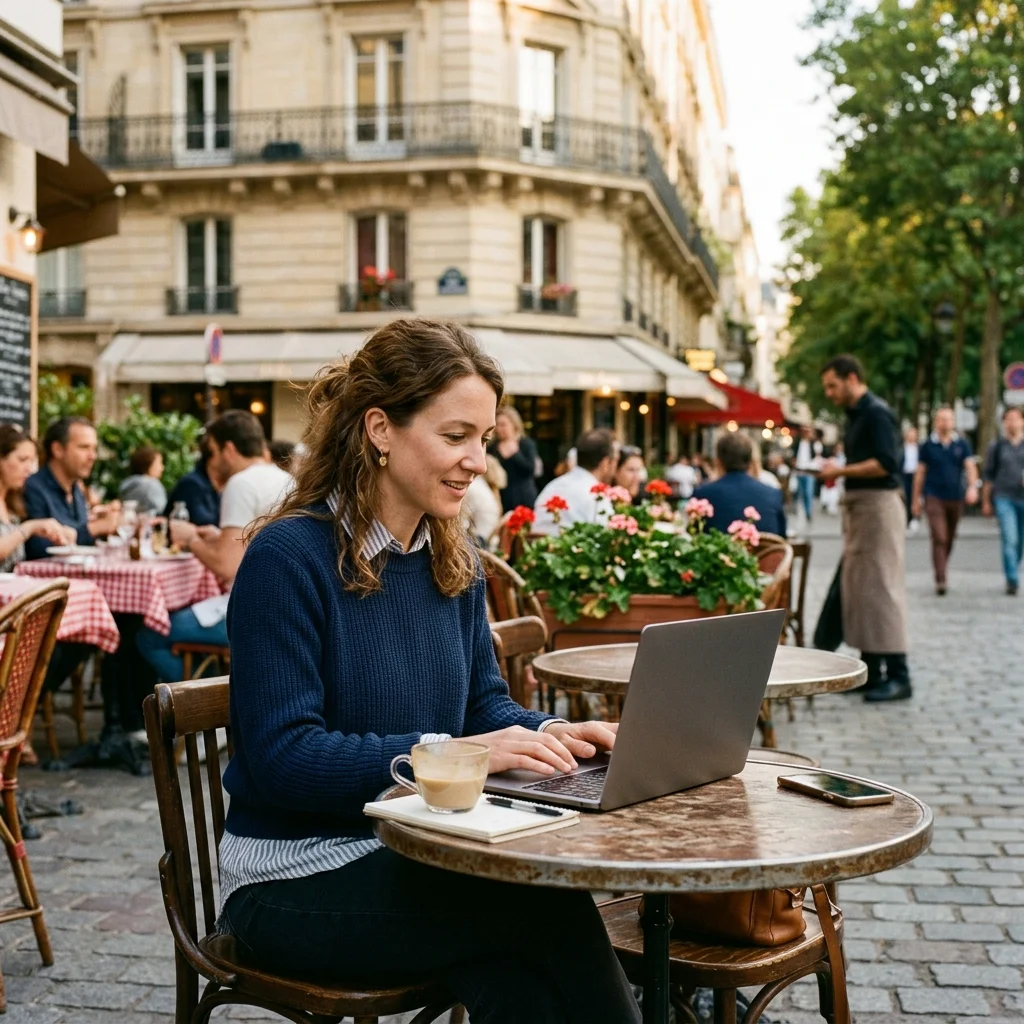 An automator working on a laptop at a café terrace in Vienna