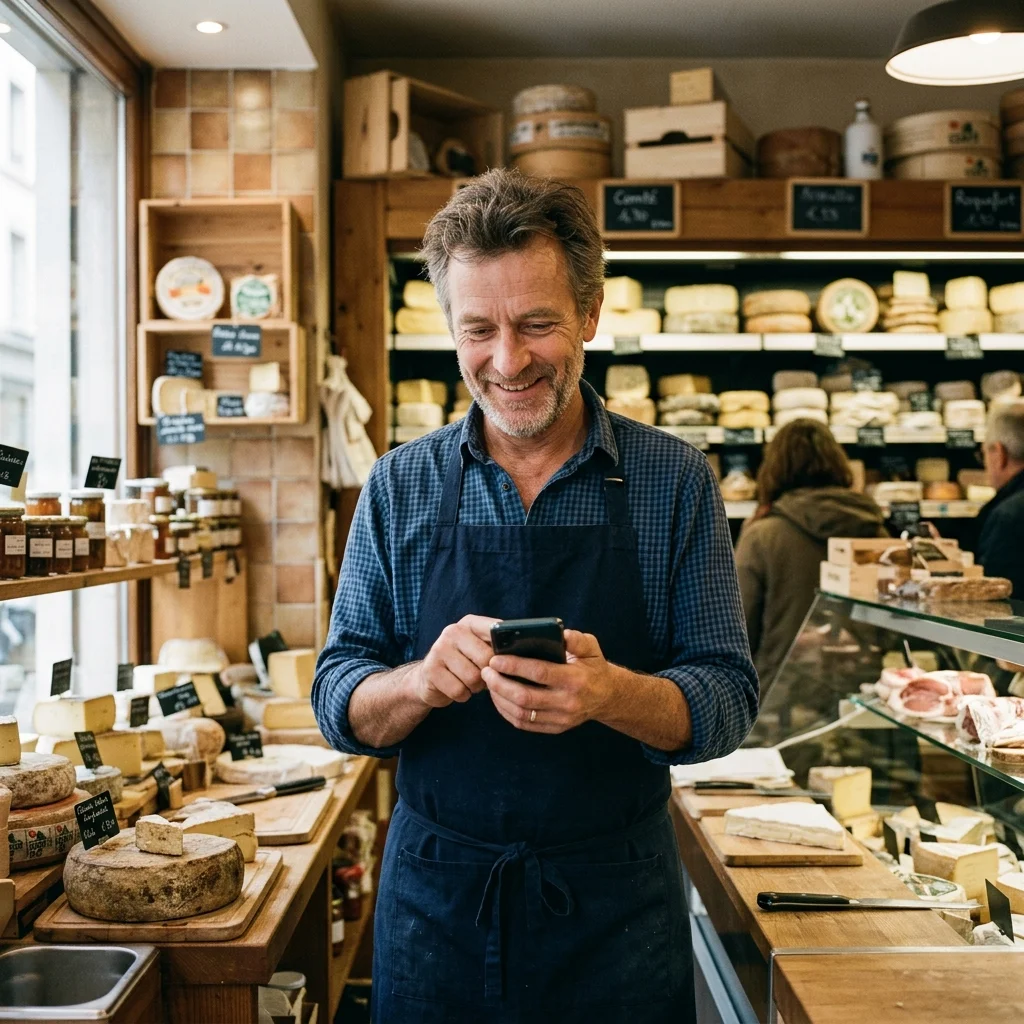 A cheesemonger smiles at a phone behind the counter of a specialist shop.
