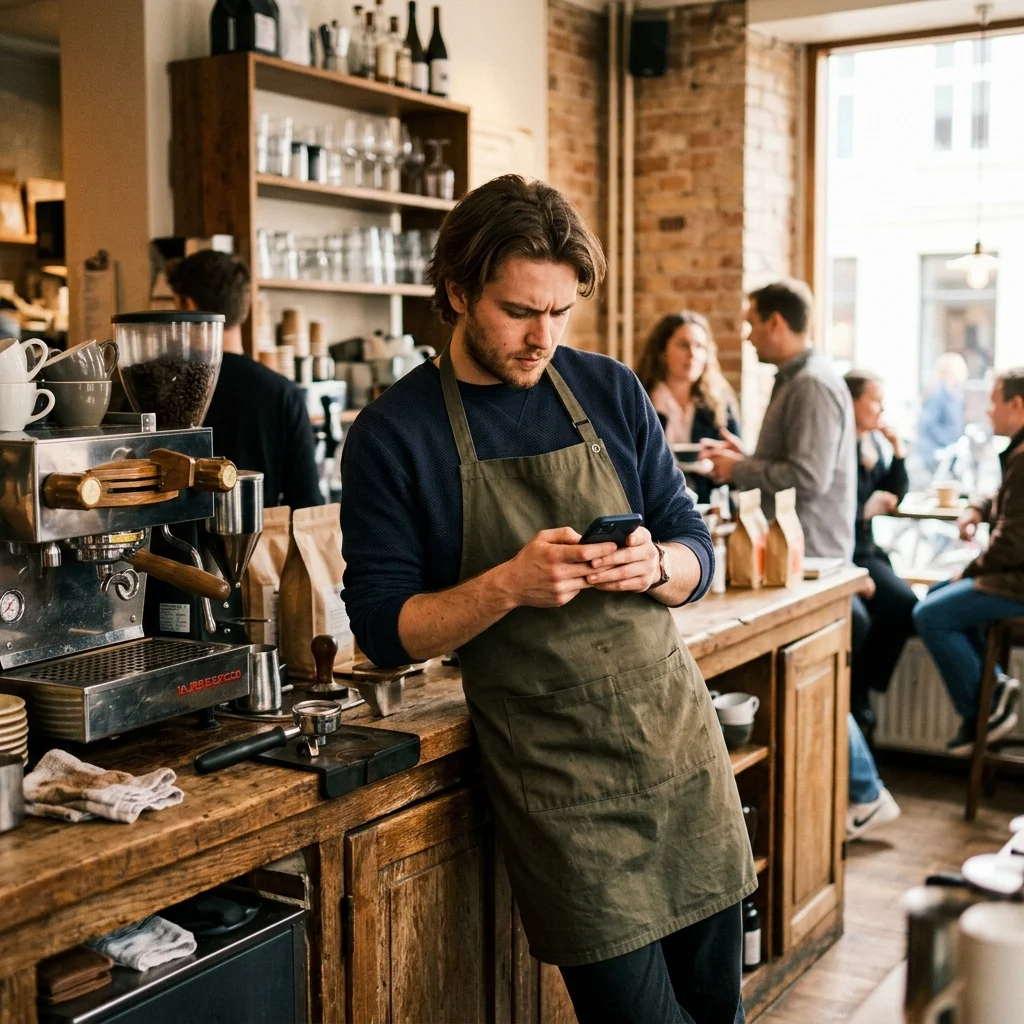 A small-shop owner reads customer messages on a phone.