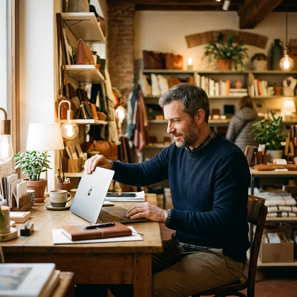A shop owner sets up their laptop at a workbench inside a leather-goods studio.