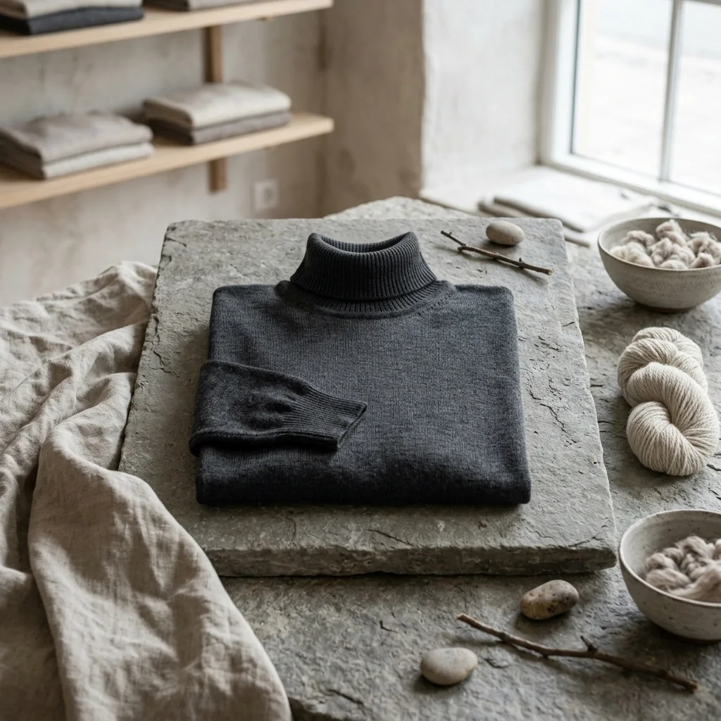 An Oslo merino rollneck on display