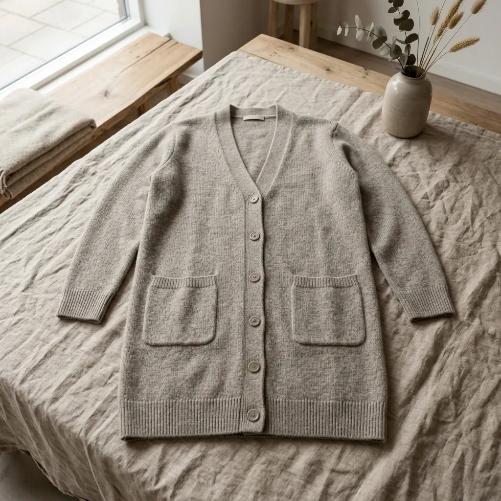 A stone lambswool cardigan laid out on linen