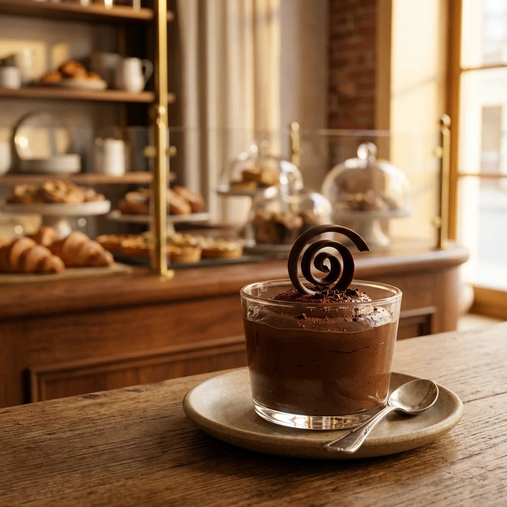 Chocolate mousse cups in the display case