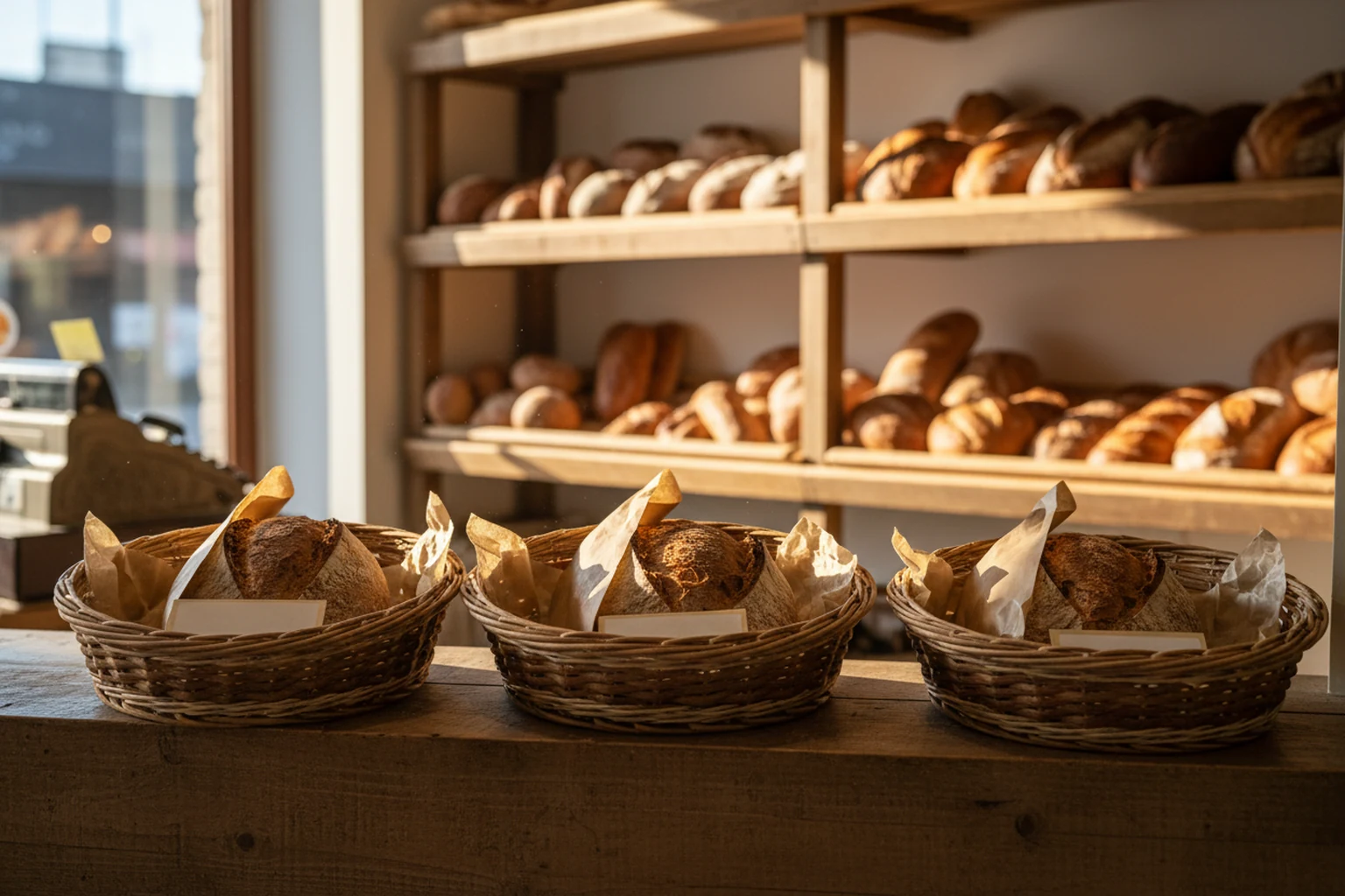 Three baskets set apart on the shelf, each holding a loaf put aside for a customer who asked