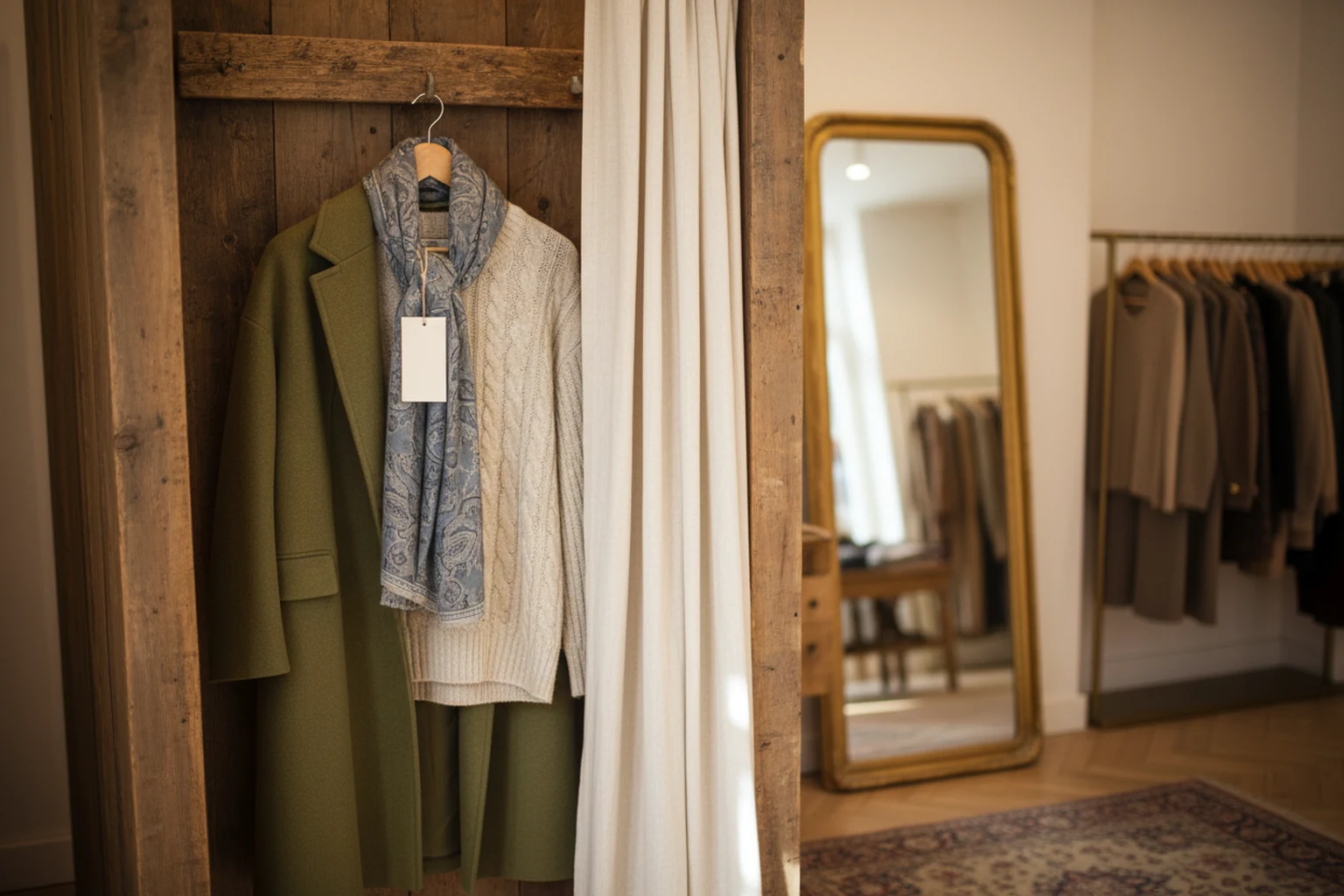 A curated set of clothes waiting on the hook of a fitting cabin, put together for one customer