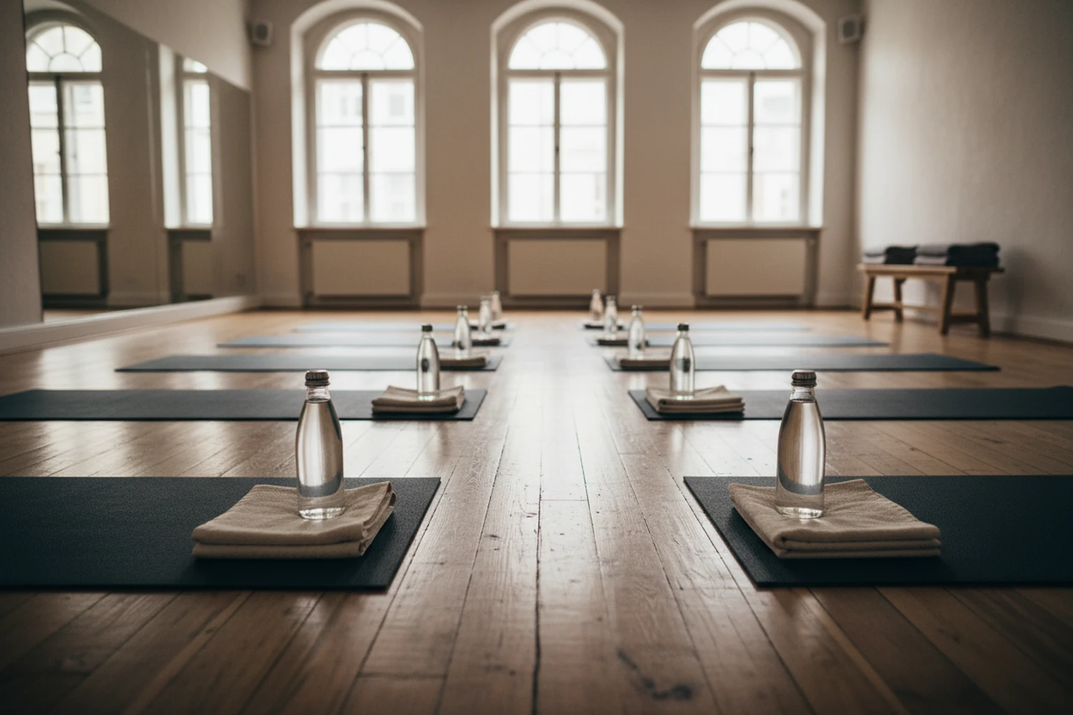 A studio floor laid out with one prepared mat for every person booked into the class