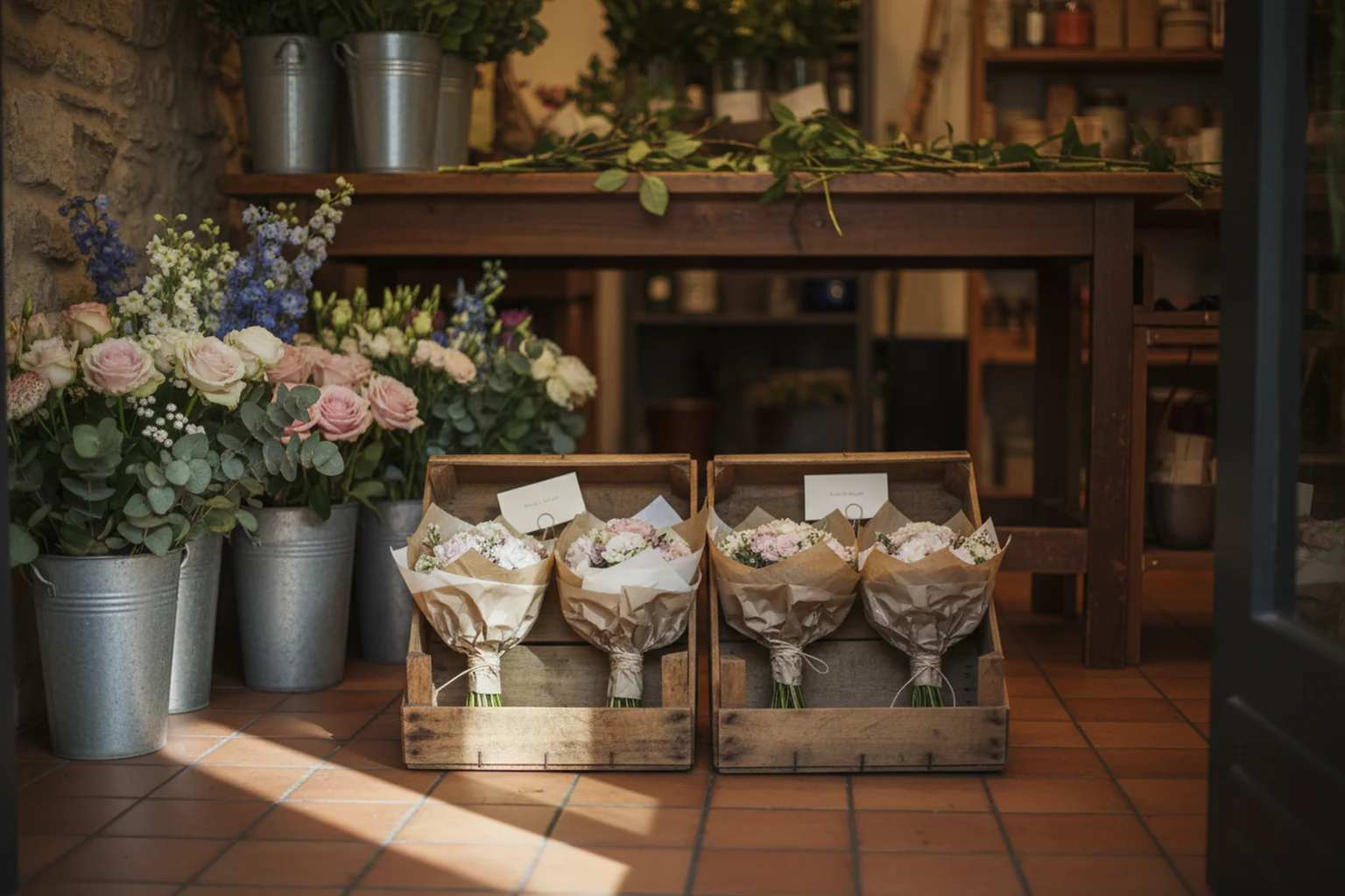 Finished bouquets loaded in crates by the shop door, made from orders taken overnight