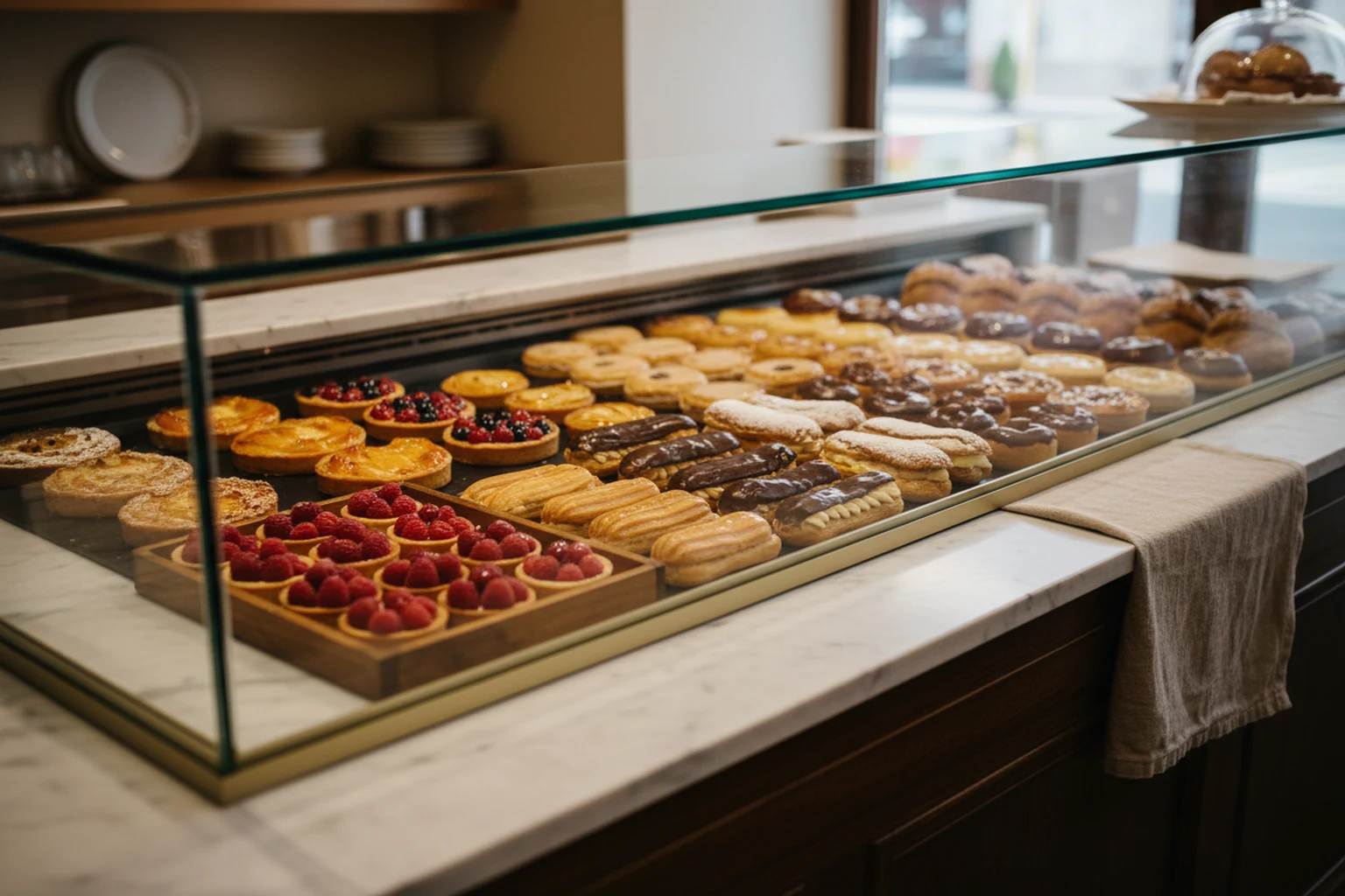 A patisserie counter dressed and arranged in the morning, ready to be shown to the world