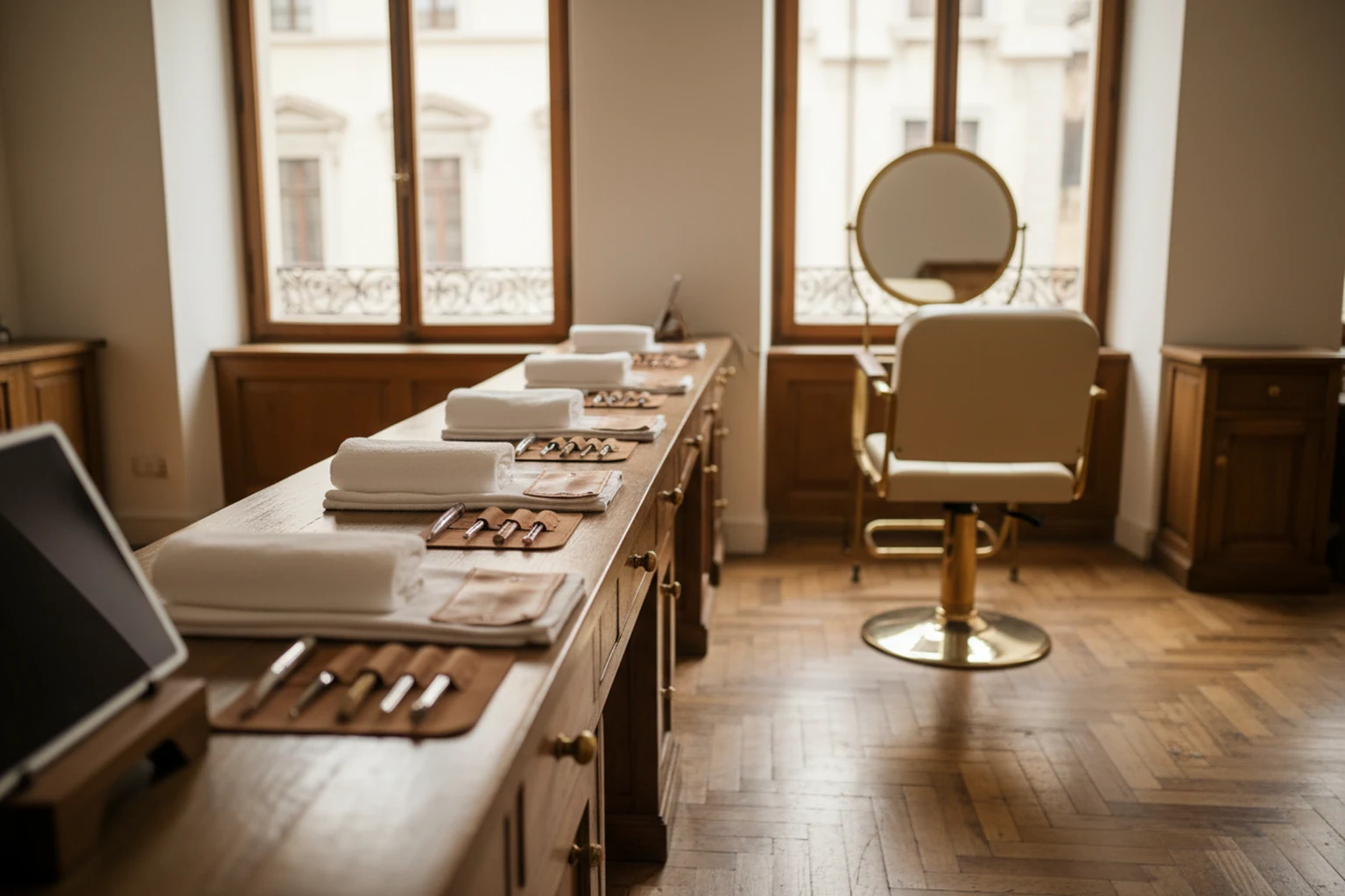 A beauty studio set for the day: one prepared place laid out for every appointment booked overnight