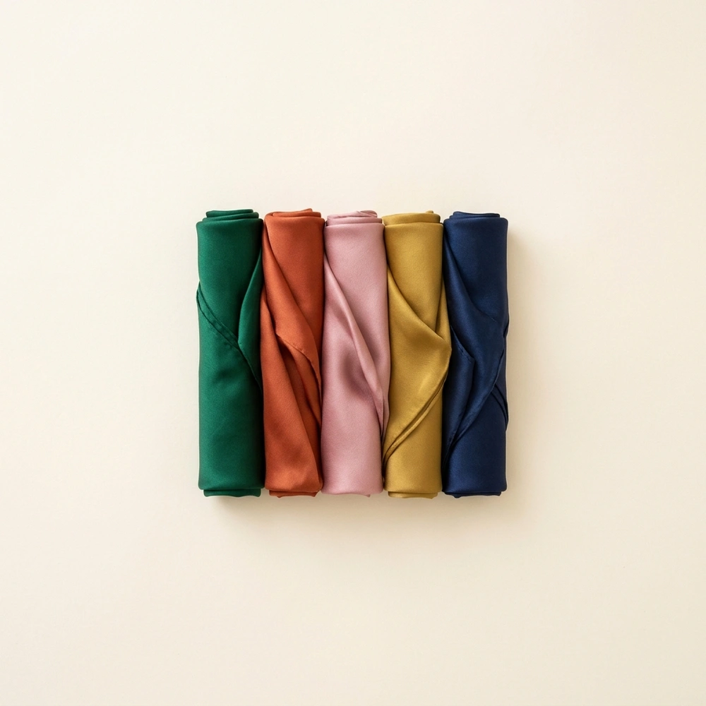 Five rolled silk scarves in forest green, rust, blush, gold and navy on a cream backdrop.